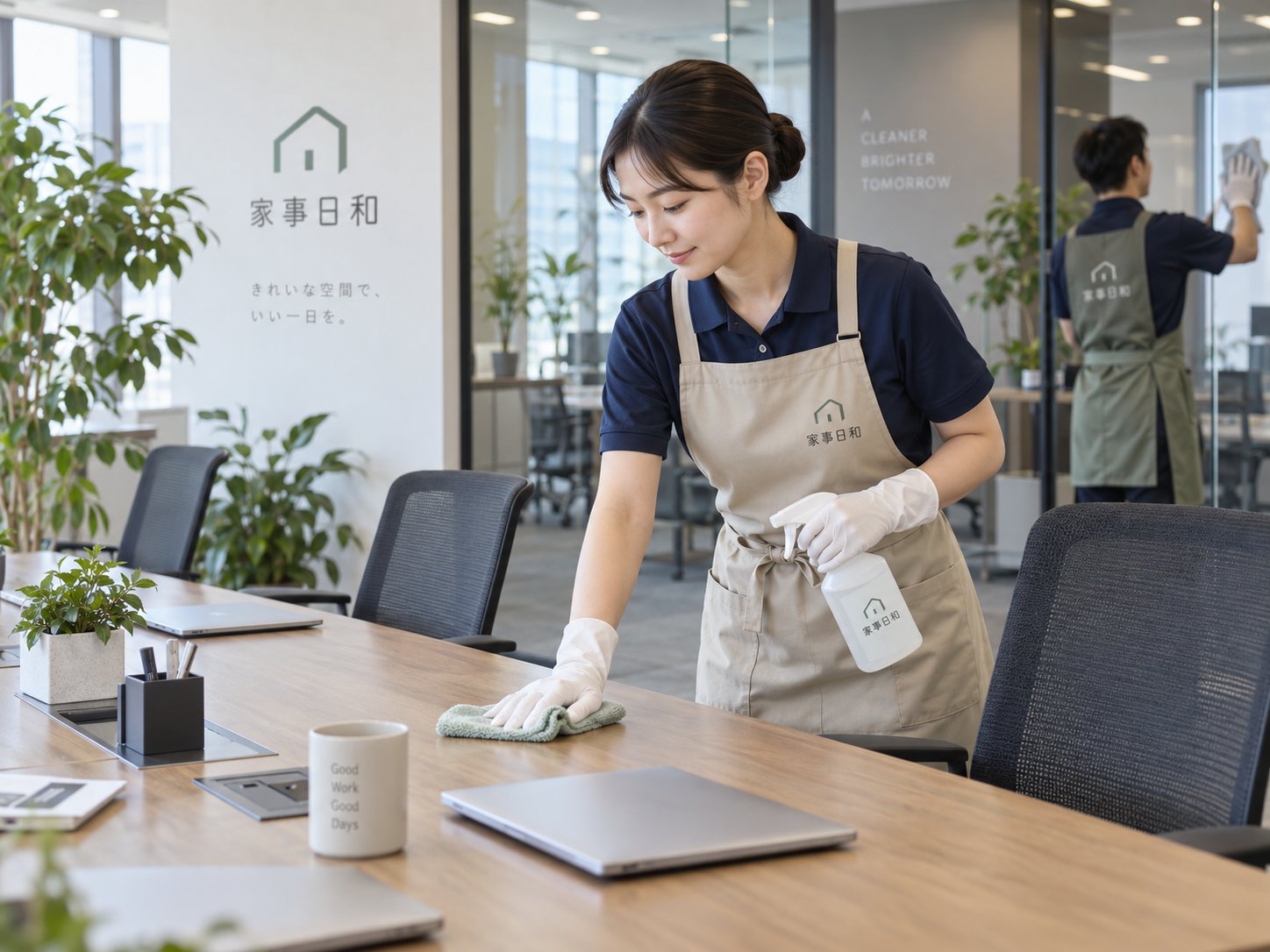 デスクを拭き上げる杜の麗らか 家事サービスのスタッフ
