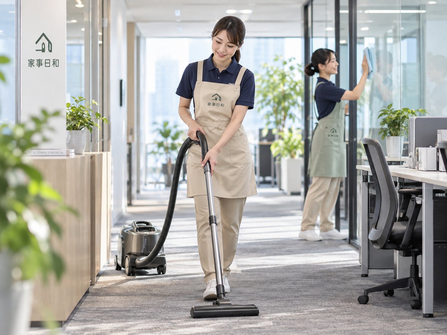 オフィスの通路に掃除機をかける杜の麗らか 家事サービスのスタッフ