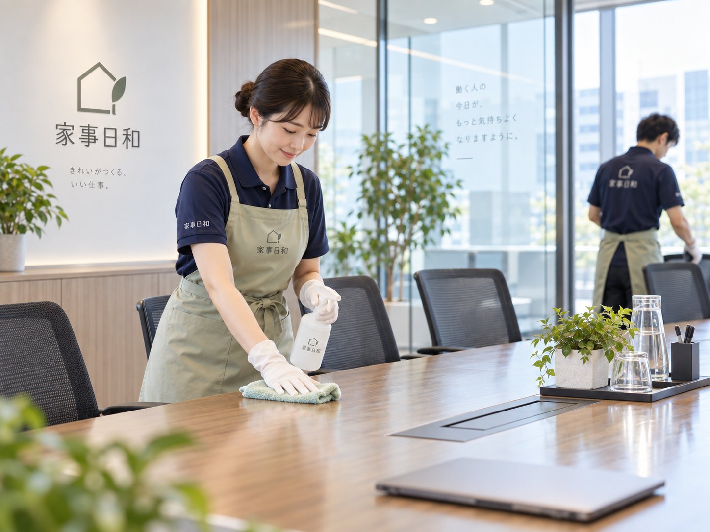 会議室のテーブルを整える杜の麗らか 家事サービスのスタッフ