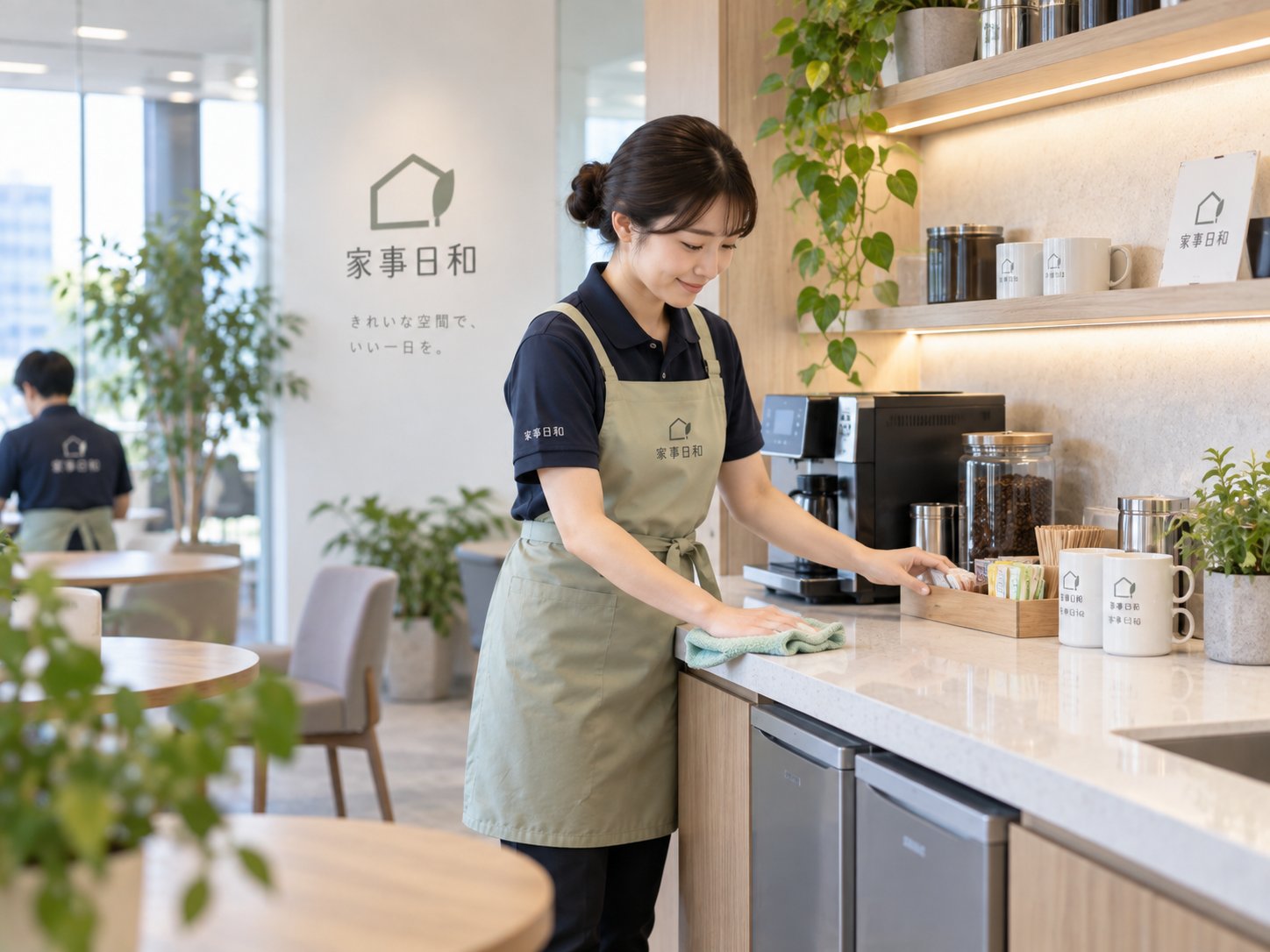 給湯室のカウンターを拭く杜の麗らか 家事サービスのスタッフ