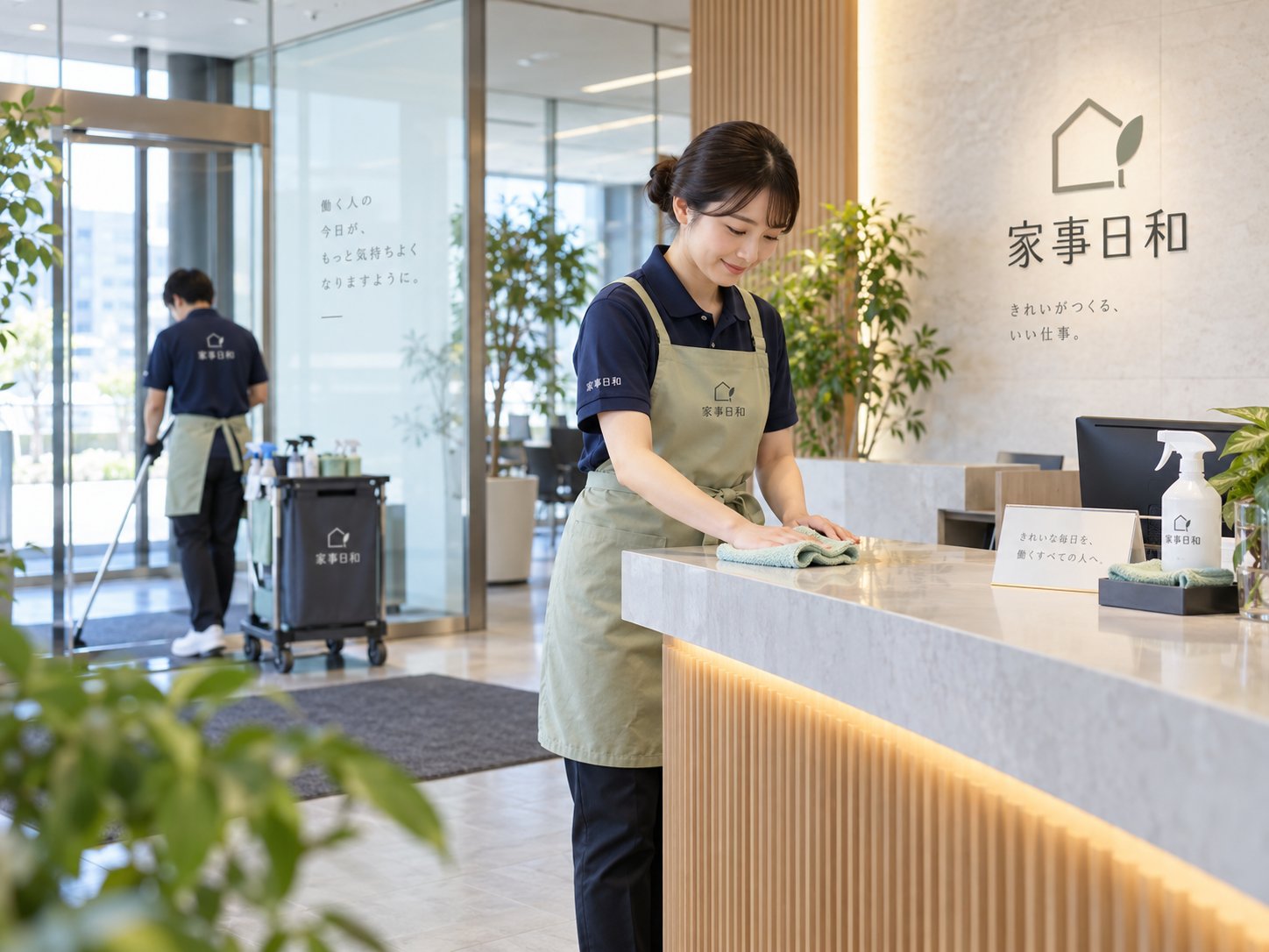 オフィスのカウンターを拭き上げる杜の麗らか 家事サービスのスタッフ