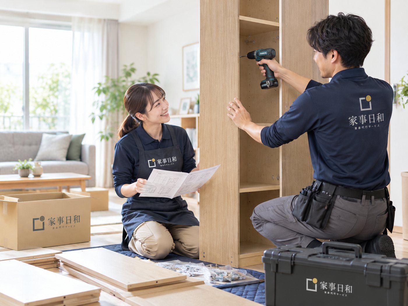 大型家具を組み立てるパートナースタッフ