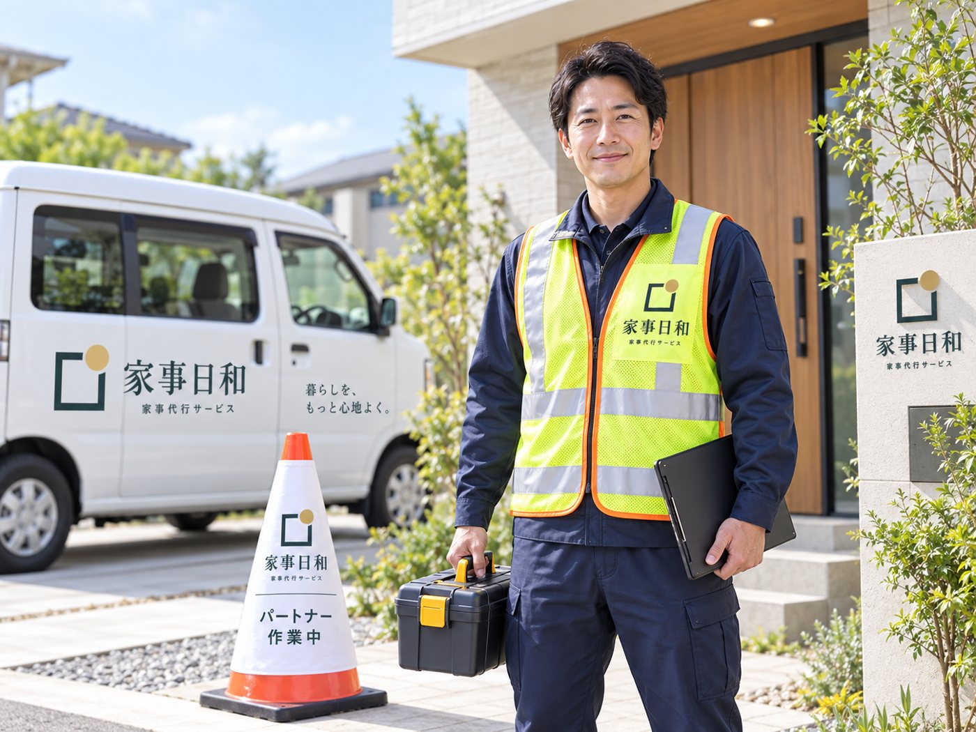 杜の麗らか パートナーの車両と作業中の三角コーン
